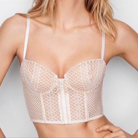 Victoria’s Secret Longline Lightly Lined Demi Fishnet Zip Up Bra white / beige - Picture 4 of 7